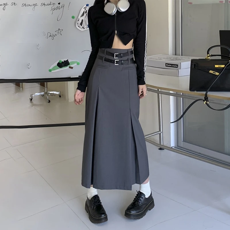 

Vintage Belt Long Skirt Women Autumn 90s Aesthetic Streetwear Y2k High Waist Slim A-line Pleated Skirt Korean Style