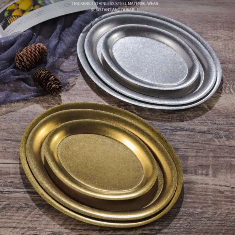 Stainless Steel Dinner Tray Multi-Size Lunch Container Snack Dish Dumpling Plate Appetizer Serving Fries Platter Kitchen Gadgets