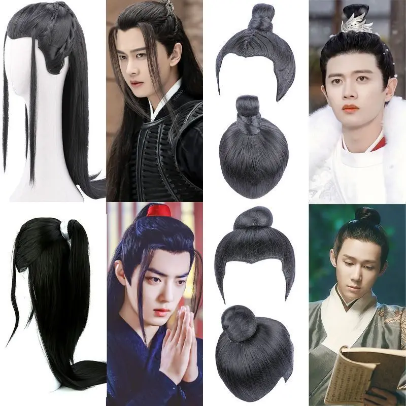 Hanfu Black Wigs Men Ancient Chinese Hanfu Wigs Styling Headgear Cosplay Accessories Hanfu Long Straight Wigs For Men Women