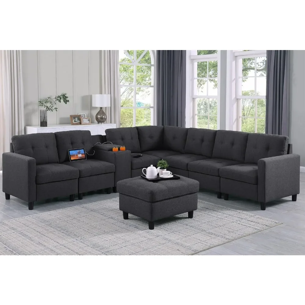 

sofa, Modular Fabric Sectional Sofa Ottoman Set, L Shape Sofa Couch with Console, Cup Holder, Charging Ports Convertible Couch