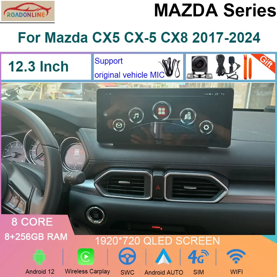 

12.3 Inch1920*720 QLED Screen Multimedia Video Player For Mazda CX5 CX-5 CX8 2017-2024 CarPlay Android 12 Car Radio 8+256GB WiFi