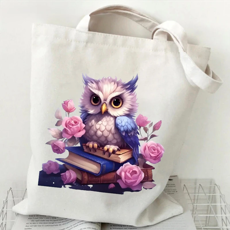 Bolso de mano informal con diseño de búho y flores para mujer, bolso de compras con animales de acuarela, bolso de hombro para ir al trabajo con dibujos de animales para adolescentes