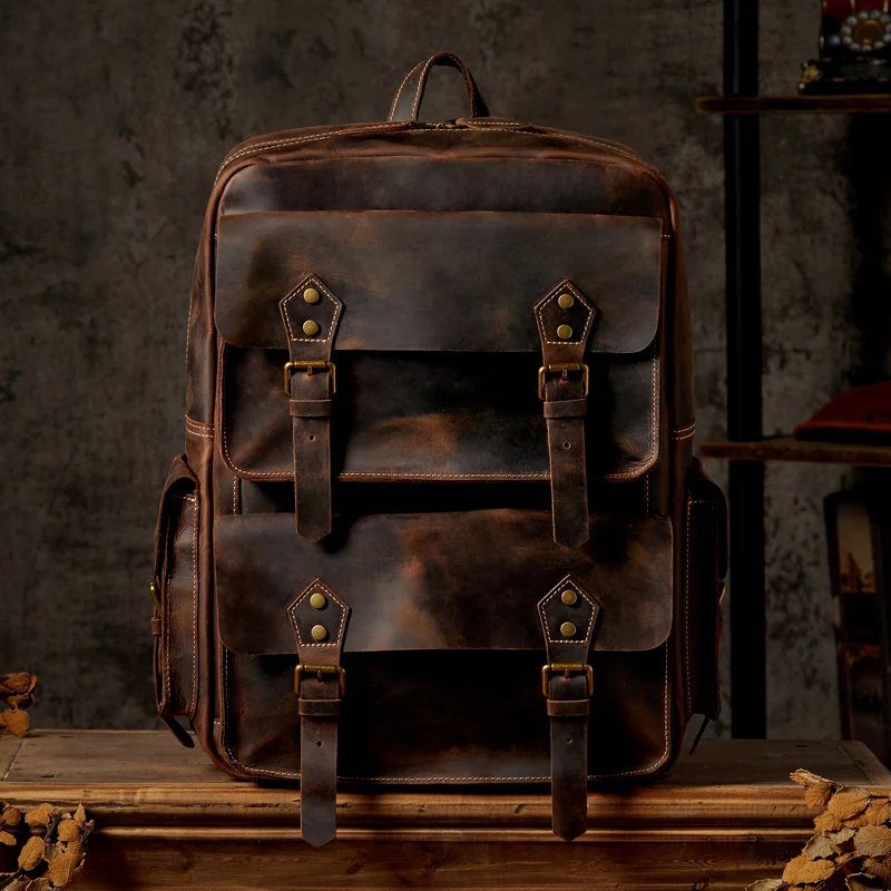 

Vintage Crazy Horse Leather Backpack Handmade Genuine Leather Knapsack Retro Cowhide Schoolbag Travel Backpack For Men Rucksack