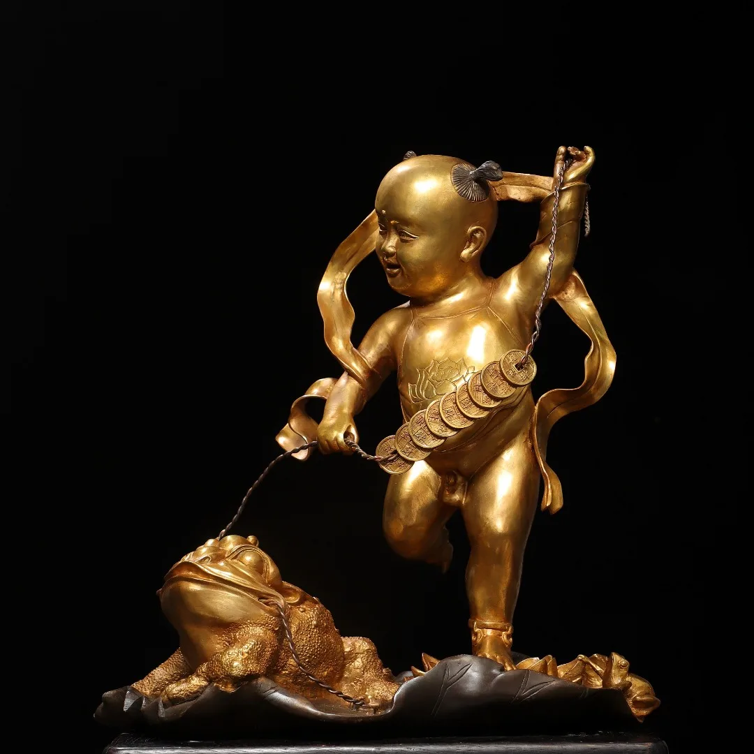 Old Bronze Gilded Liu Hai plays Jin Chan child Childlike Delight Coin ingots Golden Toad Statue study screen Amass wealth