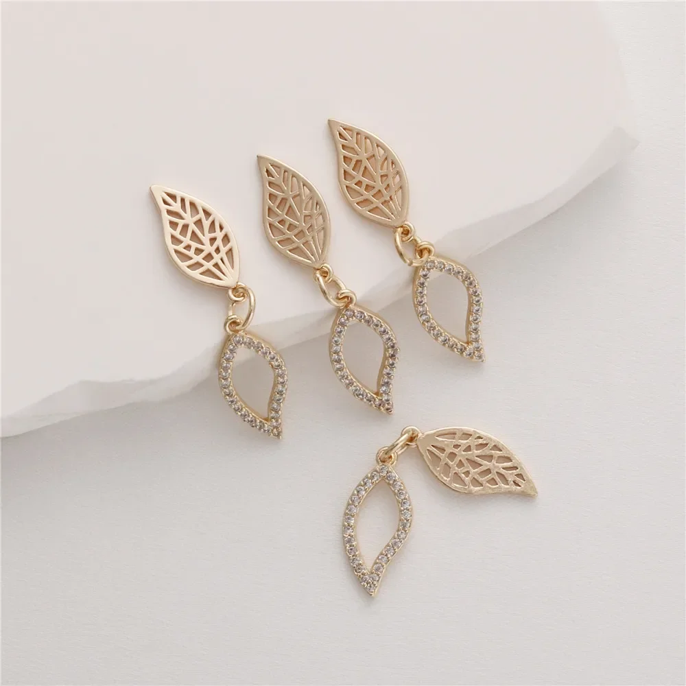 14K Gold-wrapped Color-preserving Zircon Two-leaf Pendant, DIY Handmade Bracelet Necklace, Gold-plated Pendant Accessories.