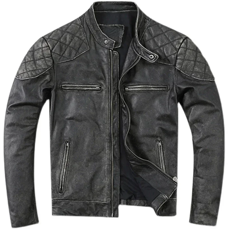 Spring and Autumn Natural Cowhide Leather Jacket Men Motorcycle Jackets Biker Clothing Man Slim Real Coat