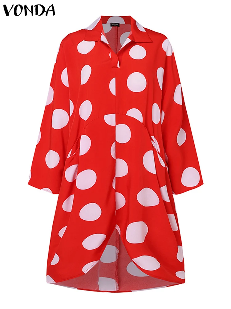 VONDA Plus rozmiar 5XL kobiety nieregularna sukienka 2024 główna ulica Polka Dot Sundress skręcić w dół kołnierz sukienka Party Vestido Casual Robe