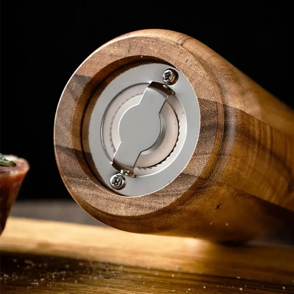 Manual Acacia Wood Pepper Mill Set Ceramic Core Adjustable Particle Size Pepper Grinder with Base Spice Mill Bottle Steak