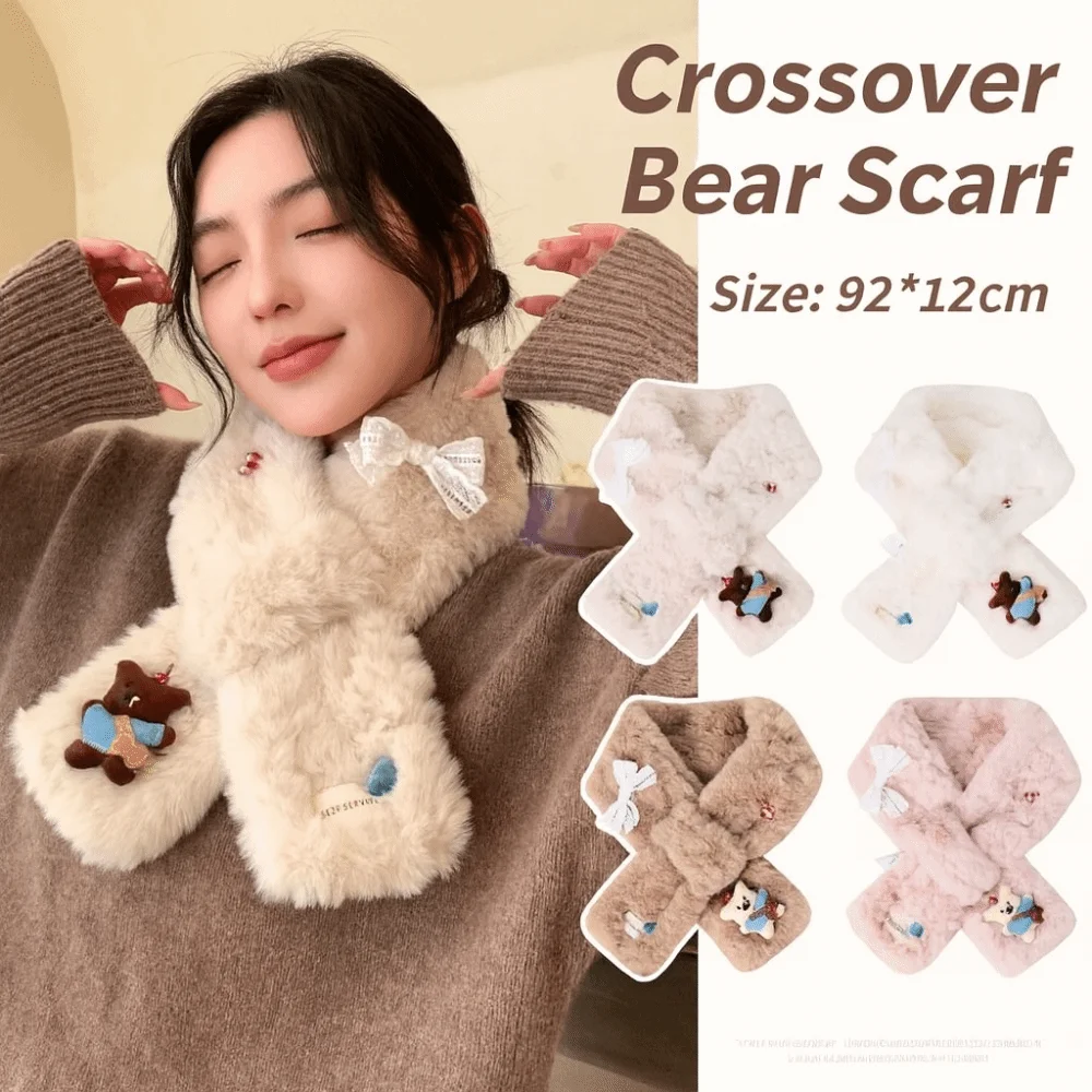 

Winter Warm Solid Color Cross Scarf Faux Lamb Fur Cartoon Bear Neck Scarf Thicken Shawl Women