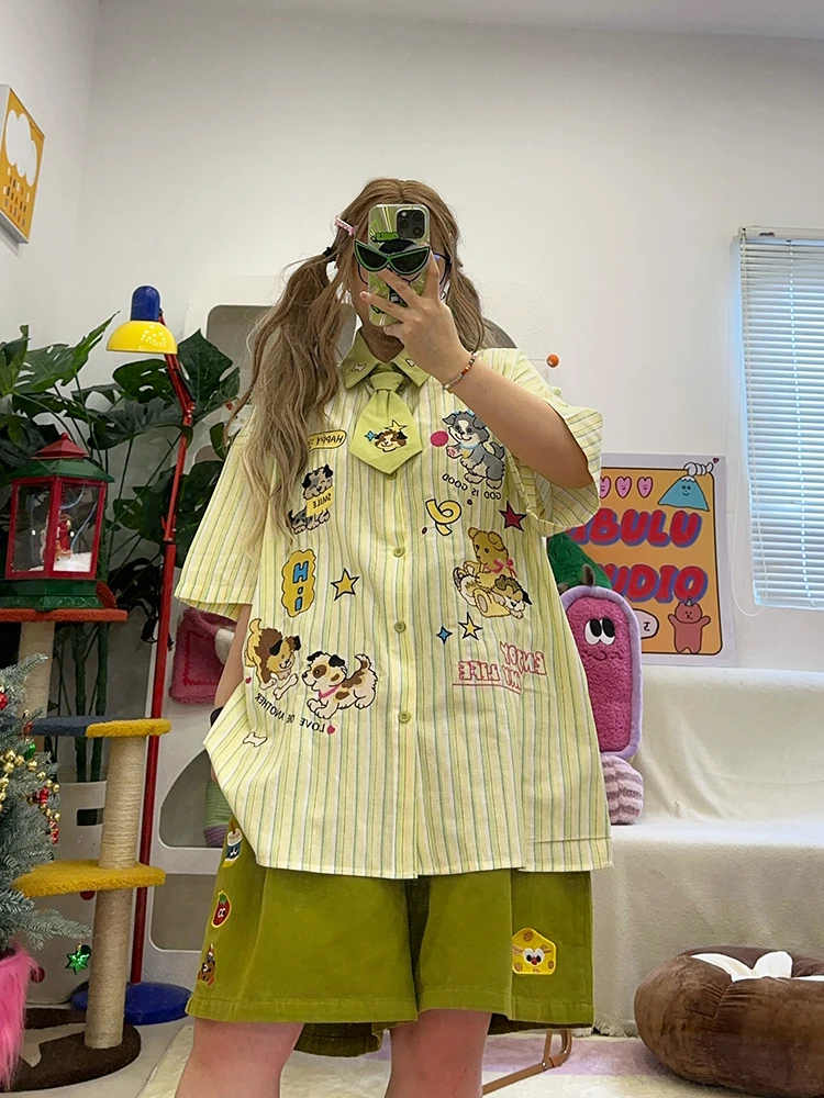 

BIBULU Cute Cartoon Dog Embroidery Short Sleeve Loose Shirt Striped Summer Casual Tie Women's Fashion Street Style Top