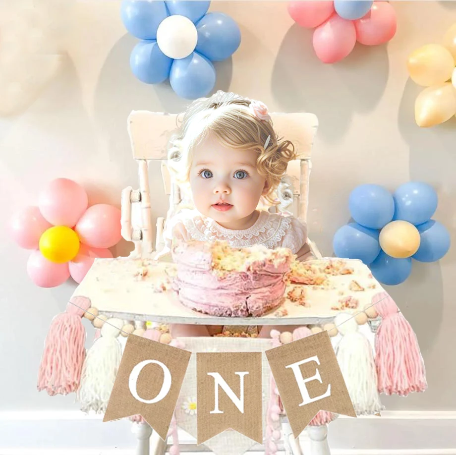 Baby First Birthday Chair Banner Burlap ONE Garland Boy Girl One Year Old Birthday Party Decoration Favors Photo Props Supplies