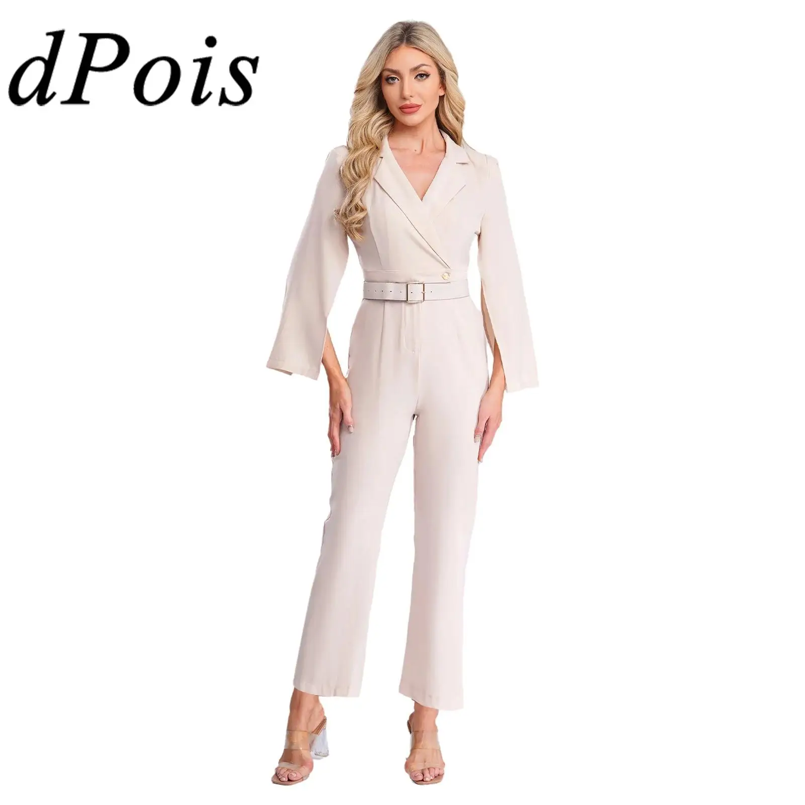 

Модные женские нарядные комбинезоны, офисные женские комбинезоны в стиле костюма, свободные прямые брюки с лацканами и длинными рукавами, цельный комбинезон