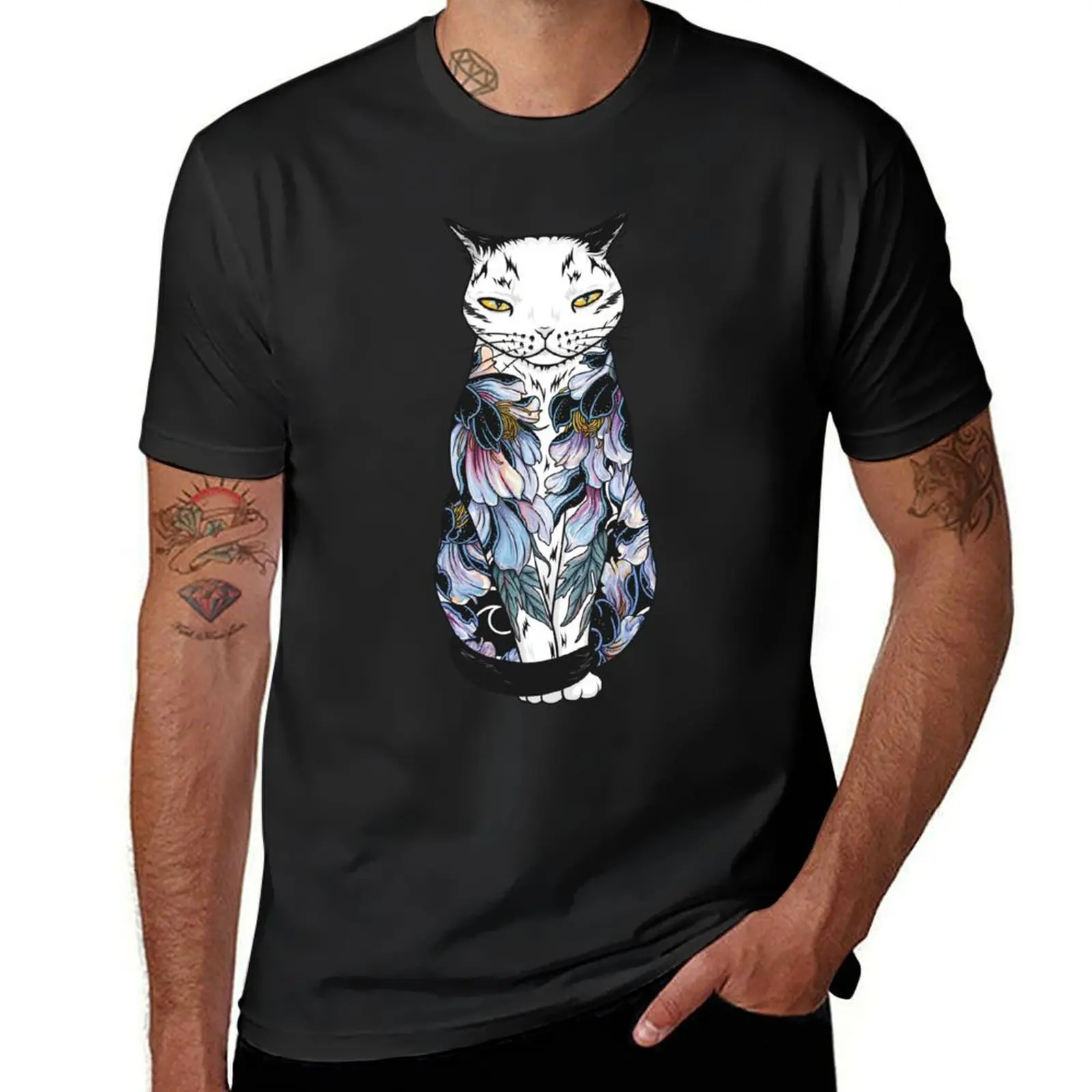 Cat in cosmic black peonies tattoo T-Shirt anime clothes shirts graphic tees summer tops tshirts for men