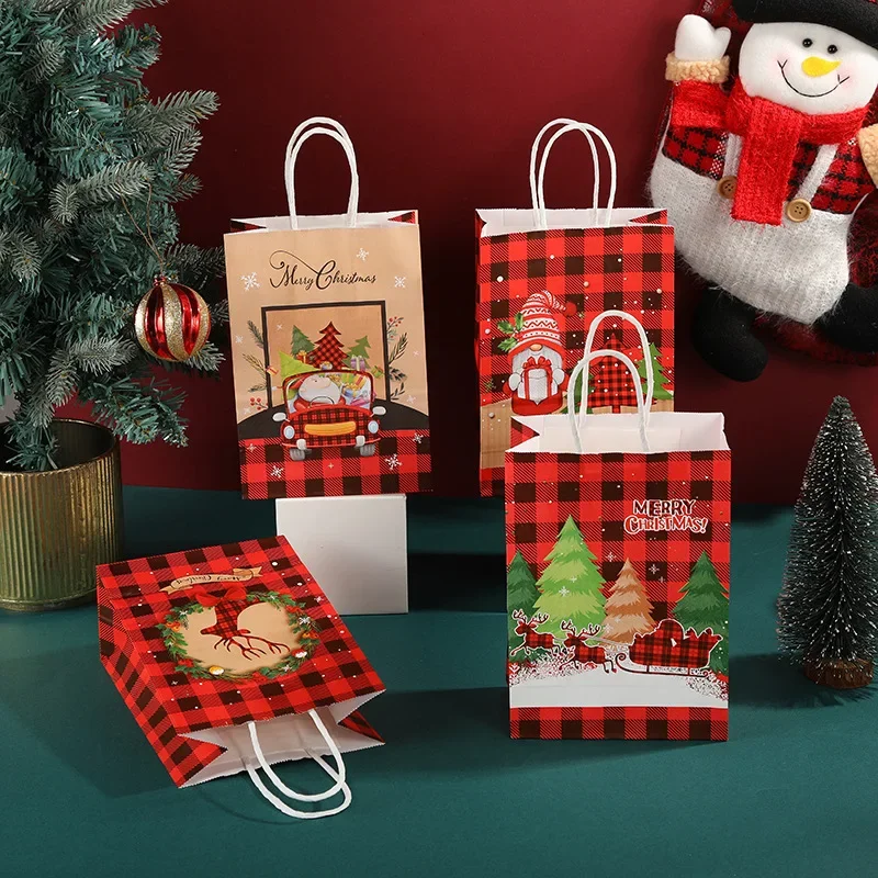 6Pcs Red Christmas Kraft Paper Gift Packing Bags Merry Christmas Shopping Bag for 2025 Xmas New Year Party Favors Bag Deocration