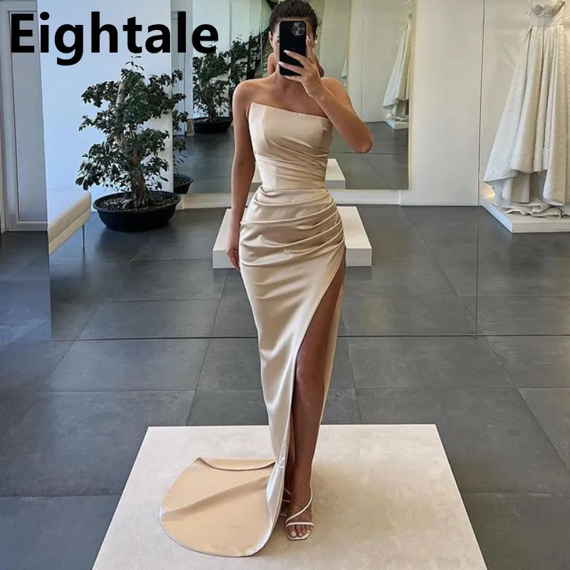 Eightale 2023 Champagne Satin Prom Dress Sexy Slit Evening Party Dress Strapless Women Formal Prom Gown Robes De Soirée