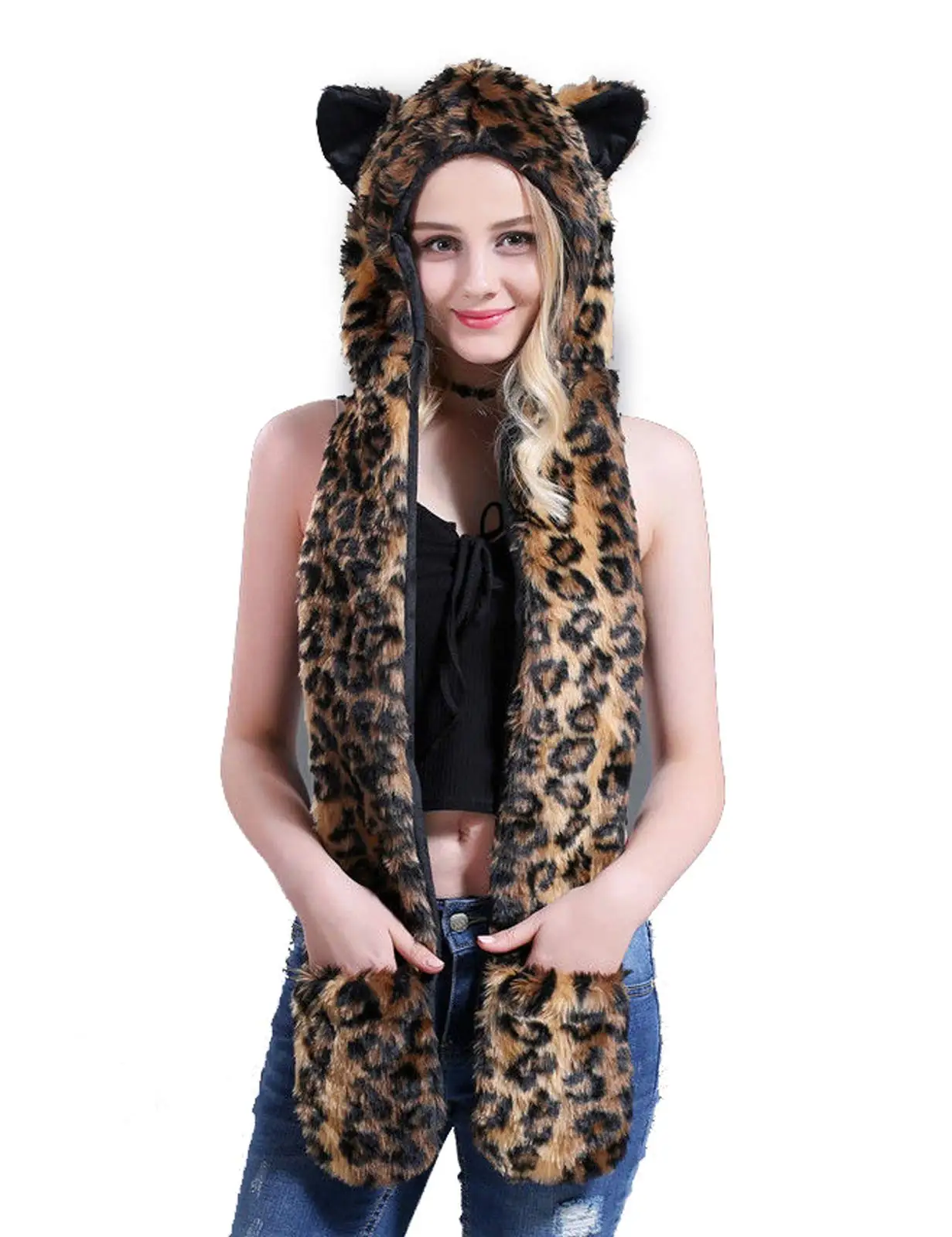 Cosplay Plush Cartoon Animal Caps World of Warcraft  Scarf Gloves 3 in1 Fleece Hooded Faux Fur Warm Earmuff Festival Party Cap