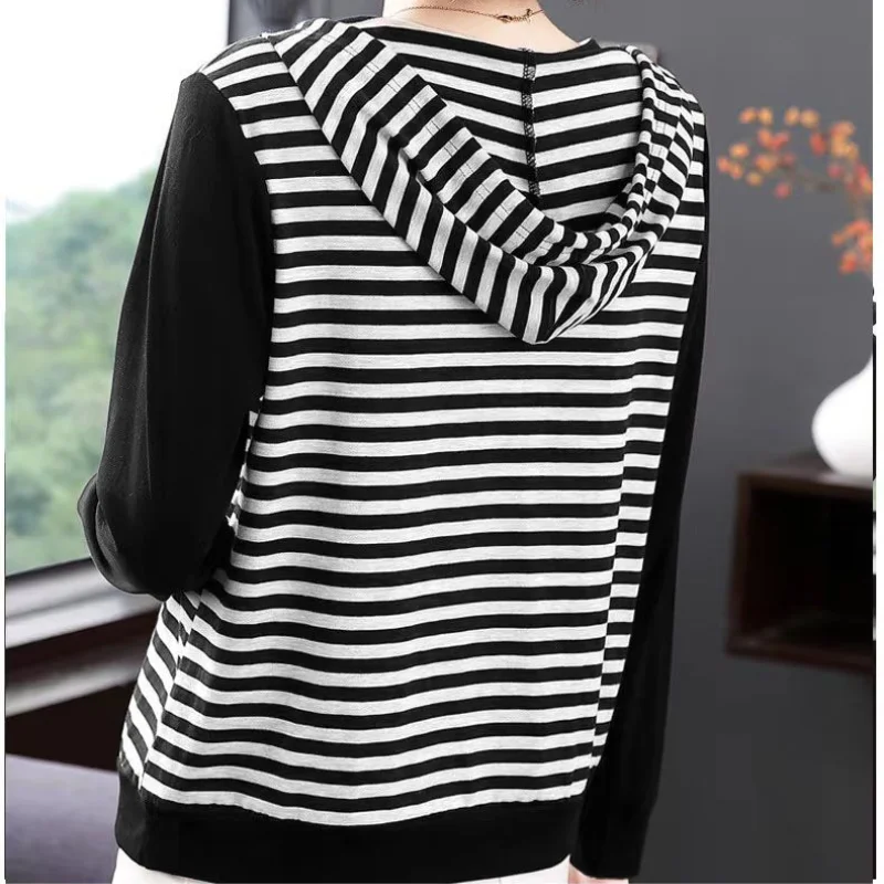 Autumn and Winter New Temperament Commuter Oversize Women\'s Clothing Drawstring Stripe Long Sleeve Versatile Pullover Hoodie