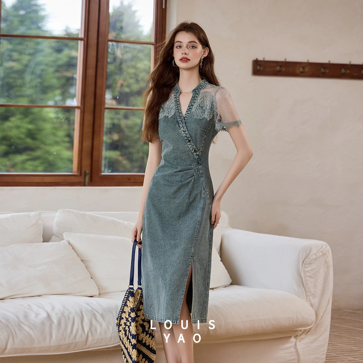 LOUISYAO Elegant Vintage Denim Dress 2026 Summer Lace Patchwork Slim V Neck Slit Long Ladies Dress