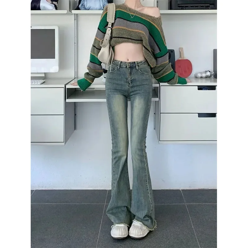 Flare Jeans Women Skinny High Waist Aesthetic Y2k Clothes Denim Trousers Vintage Washed Retro Mopping Korean Fashion Street New