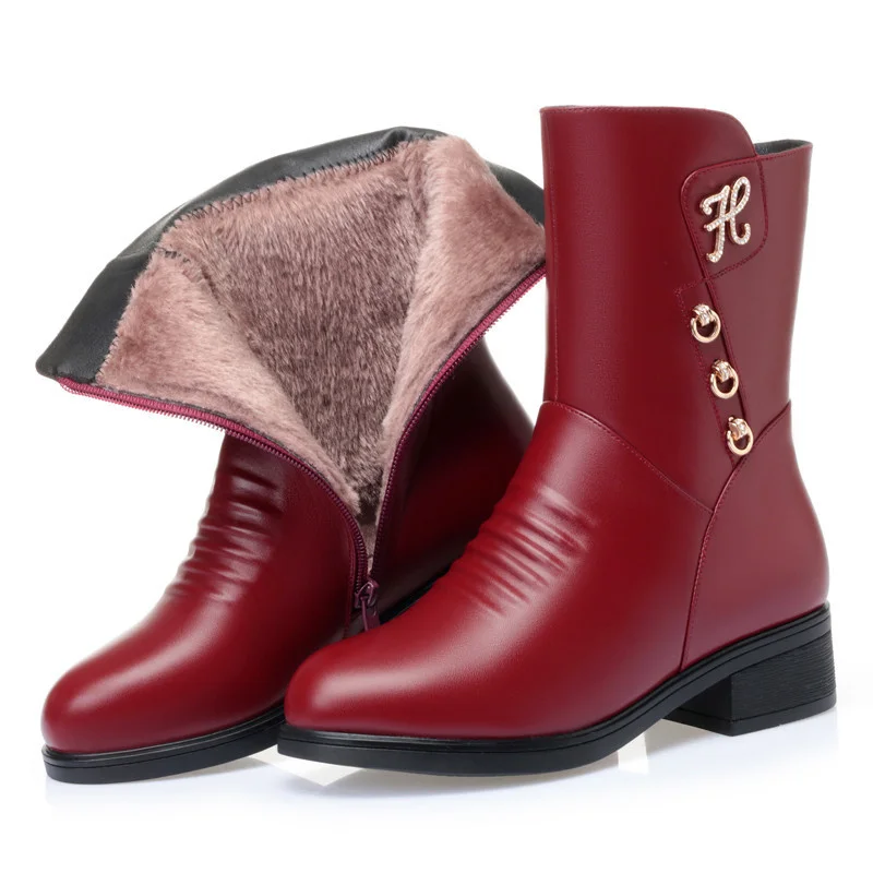 Botas de cuero suave con felpa para mujer, zapatos cálidos con cremallera lateral, punta redonda, tacón alto, informales, antideslizantes, de algodón, Otoño e Invierno