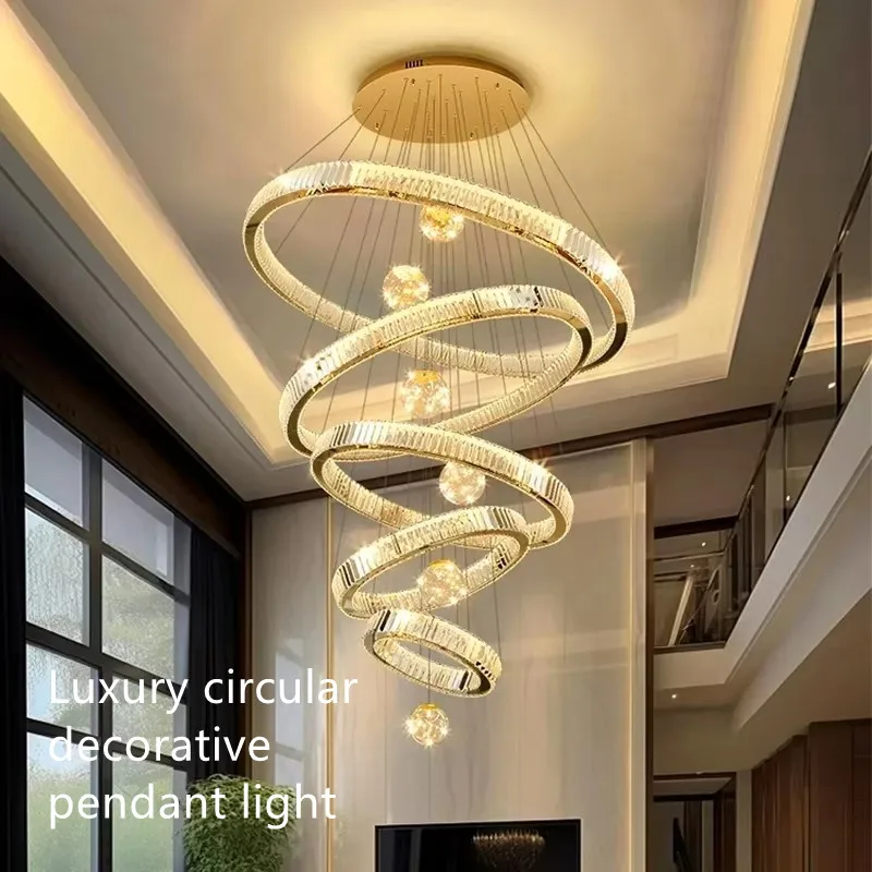 

Nordic Ring Crystal Chandelier K9 Gold Dimmable Living Room Hall Staircase Pendant Lamp Minimalist Decor Indoor Lighting Fixture