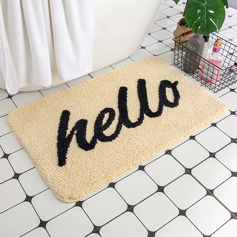 Simple Letter Hello Bath Mats Microfiber Flocked Bathroom Rug Water-absorbent Non-slip Shower Room Foot Mat