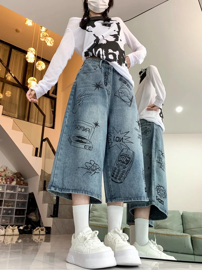 

Fashion High Street Graffiti Popular Pants Y2k All Match Casual Outdoor Commuter Preppy Cool Girl Trousers Ppunk Straight Pant