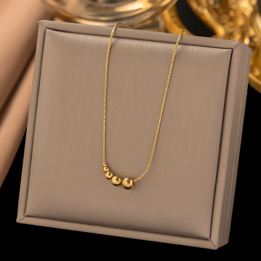 Stainless Steel Round Bead Pendant Necklace For Women Girls Gold Color Classic Simple Clavicle Chain Wedding Party Jewelry Gift