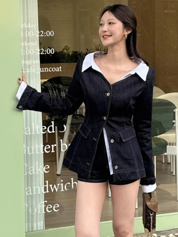 

Женский облегающий джинсовый топ с вышивкой в стиле ретро, ранняя осень, утягивающий комплект из двух предметов с высокой талией, облегающий комплект