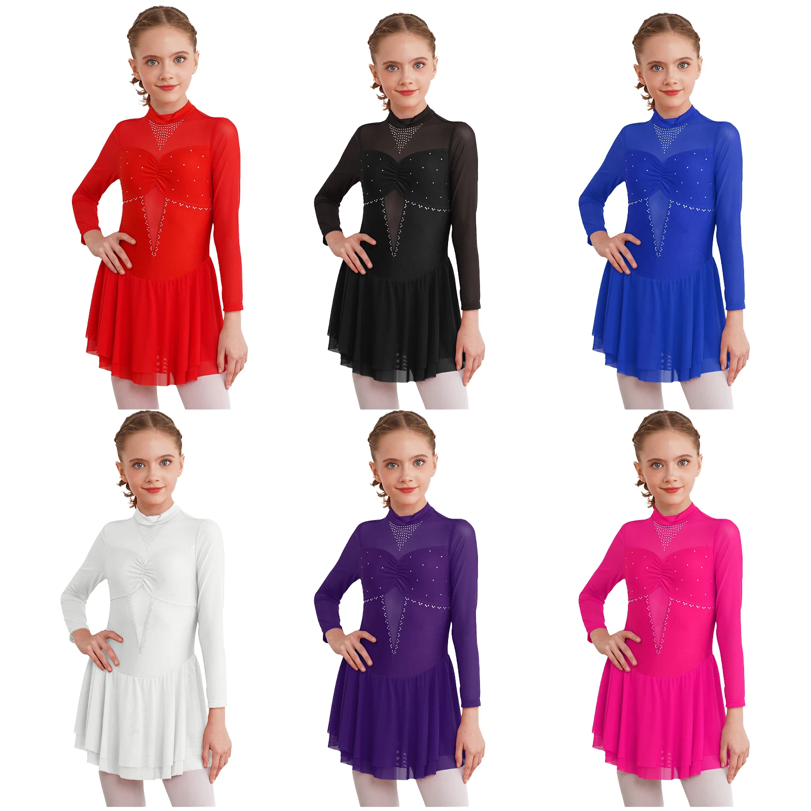 Lyrical Dress for Girls Kids Shiny Rhinestone Figure Skating Leotard Ballet Dress Mesh Long Sleeve Gymnastic Performance Costume