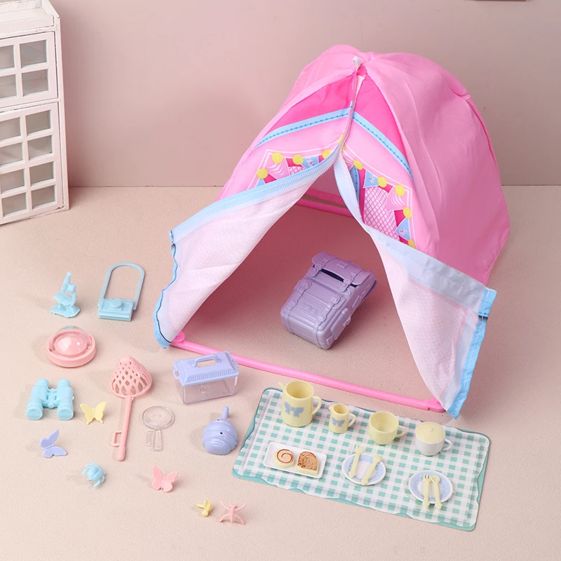 Set da campeggio in miniatura per casa delle bambole - Configurazione della tenda 1/12 per giochi di finzione da picnic all'aperto