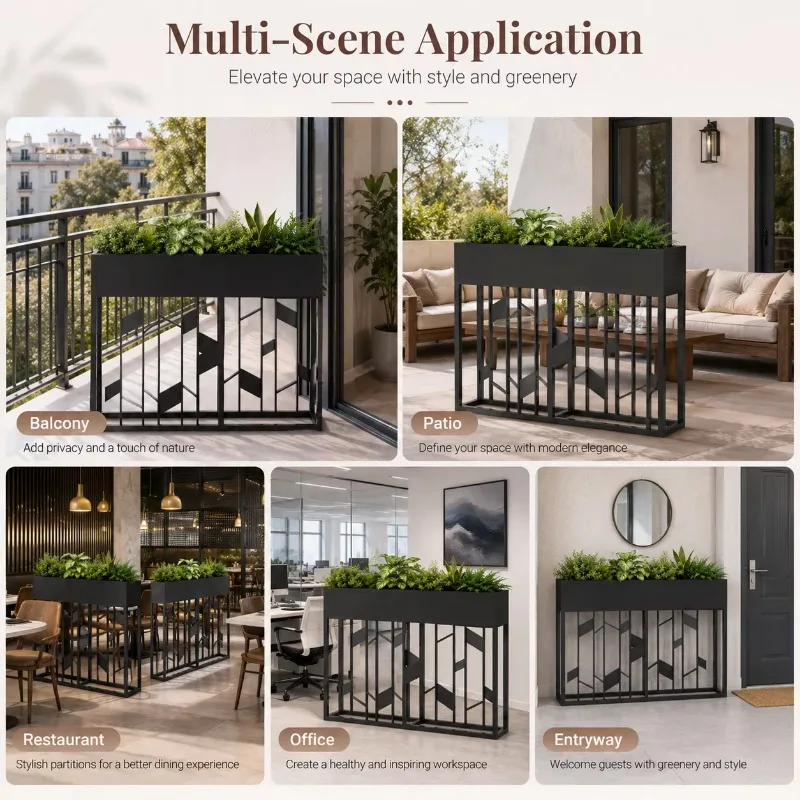 Matte Black Metal Planter Box 80cm with Slatted Panel Screen Room Divider for Outdoor Garden Planter Box