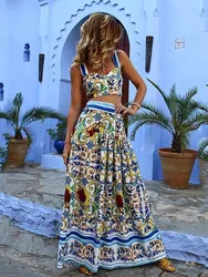 Styl boho spódnica z nadrukiem dwuczęściowy zestaw dla kobiet Sexy Crop Camisole casualowe na plażę spódnice trapezowe 2-częściowe zestawy damskie New