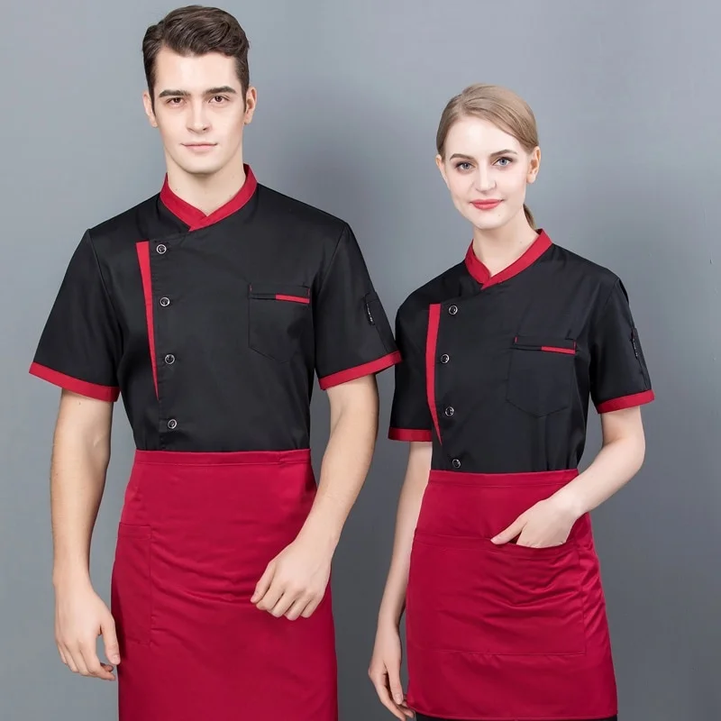 Set da chef estivo a maniche corte Ristorante Hotel Cucina Abbigliamento da lavoro Uomo Giacca da cuoco sottile traspirante Grembiule cappotto da cuoco con cappello da donna