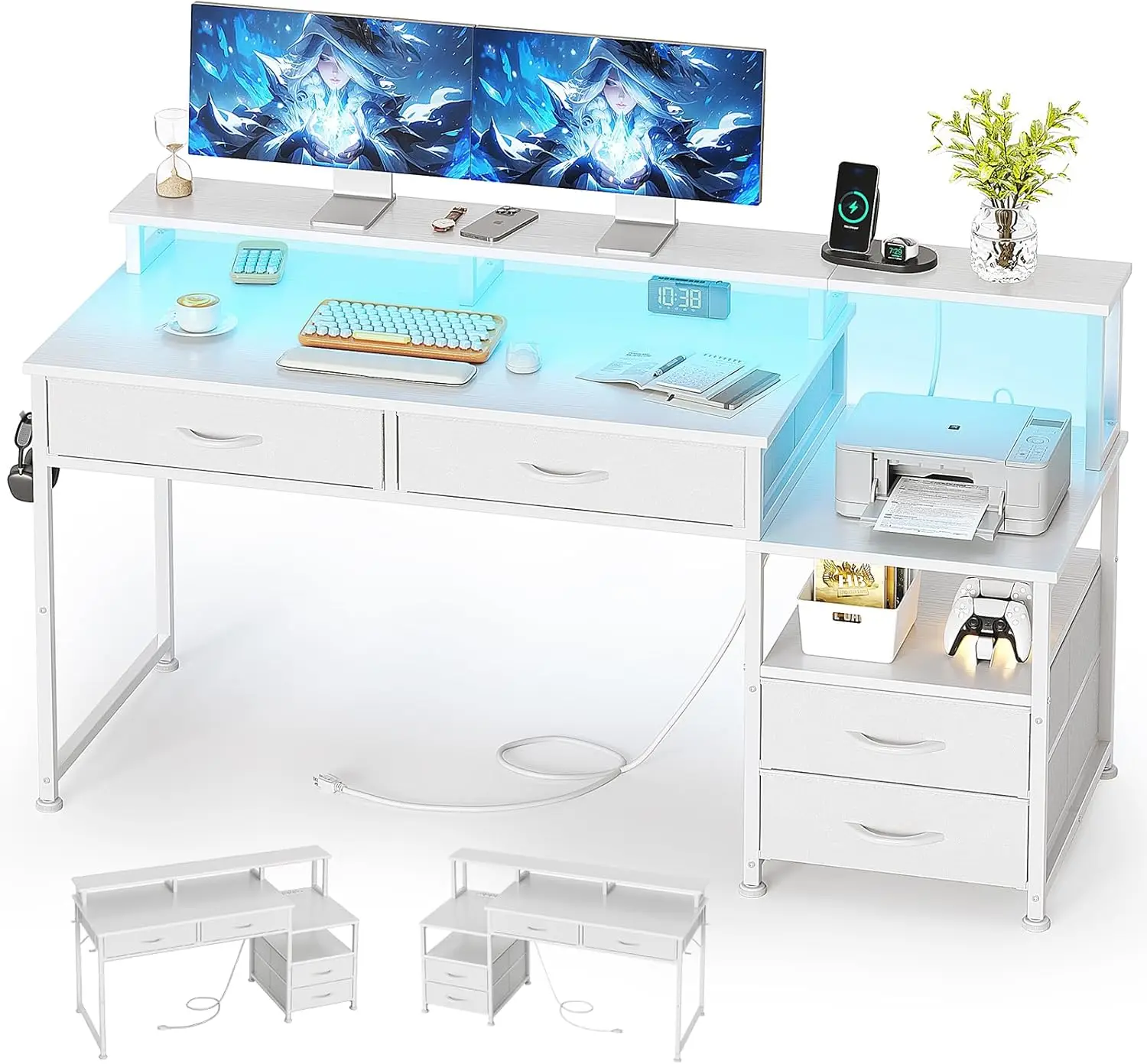 53" Reversible Computer Desk with LED Lights, 4 Drawers, Power Outlets & Monitor Stand for Home Office Gaming Study