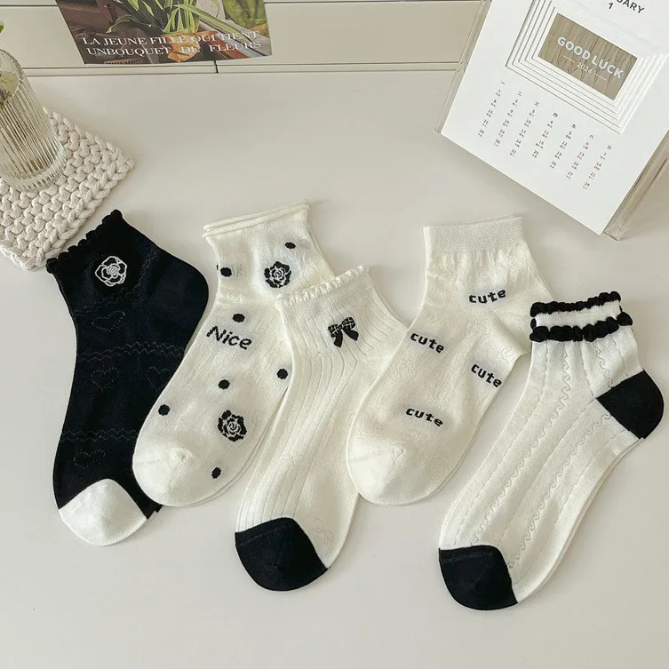 

Women's Ankle Socks Spring Summer Black White Fashion Cute Kawaii Lolita Thin Cotton Mesh Breathable Low Tube Socks Calcetines