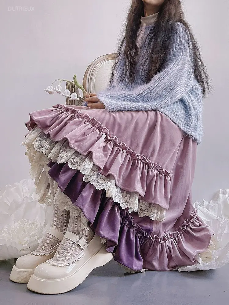 Winter Thick Sweet Faldas Mujer Irregular Elegant Long Skirt Japanese Style Kawaii Women Skirts Lace Ruffles Autumn