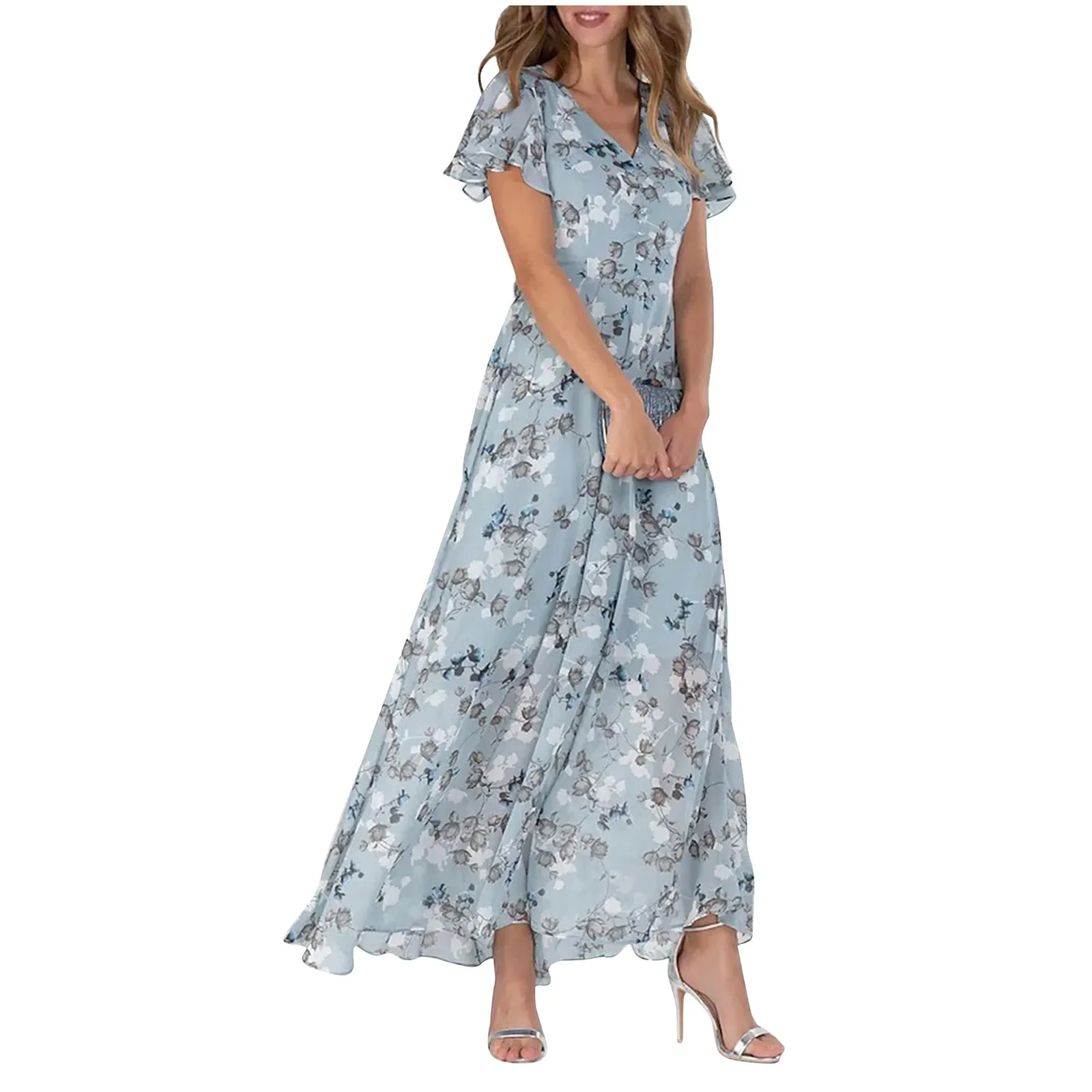 

Vestidos Verano Moda 2024 Women's Swing Long Dress Chiffon Floral Short Sleeve Ruffle V Neck Fashion Waist Flowy Dress платье