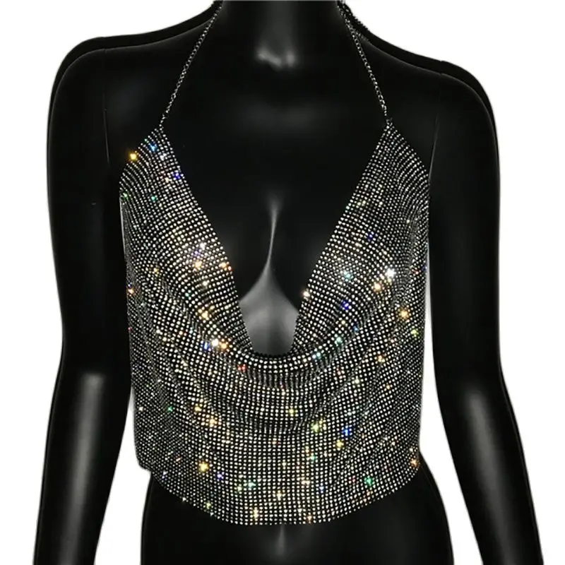 AKYZO-Conjunto de dos piezas con diamantes de imitación para mujer, minifalda Sexy de corte bajo sin mangas con cuello Halter y espalda descubierta para fiesta, 2023