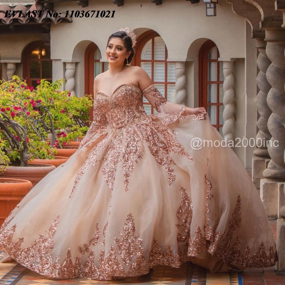 Evolt personalizado rosa quinceanera vestido de baile renda applique frisado manga destacável doce 16 vestidos de 15 anos sq581