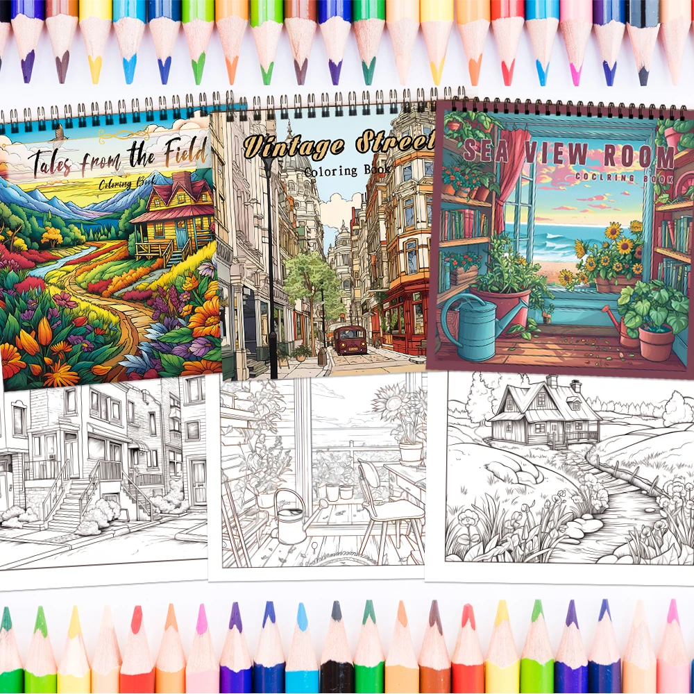 3pcs Coloring Books Cartoon Landscape Designs, 30 Pages Spiral Bound,Perfect for Stress Relief and Relaxation,Gift Ideas