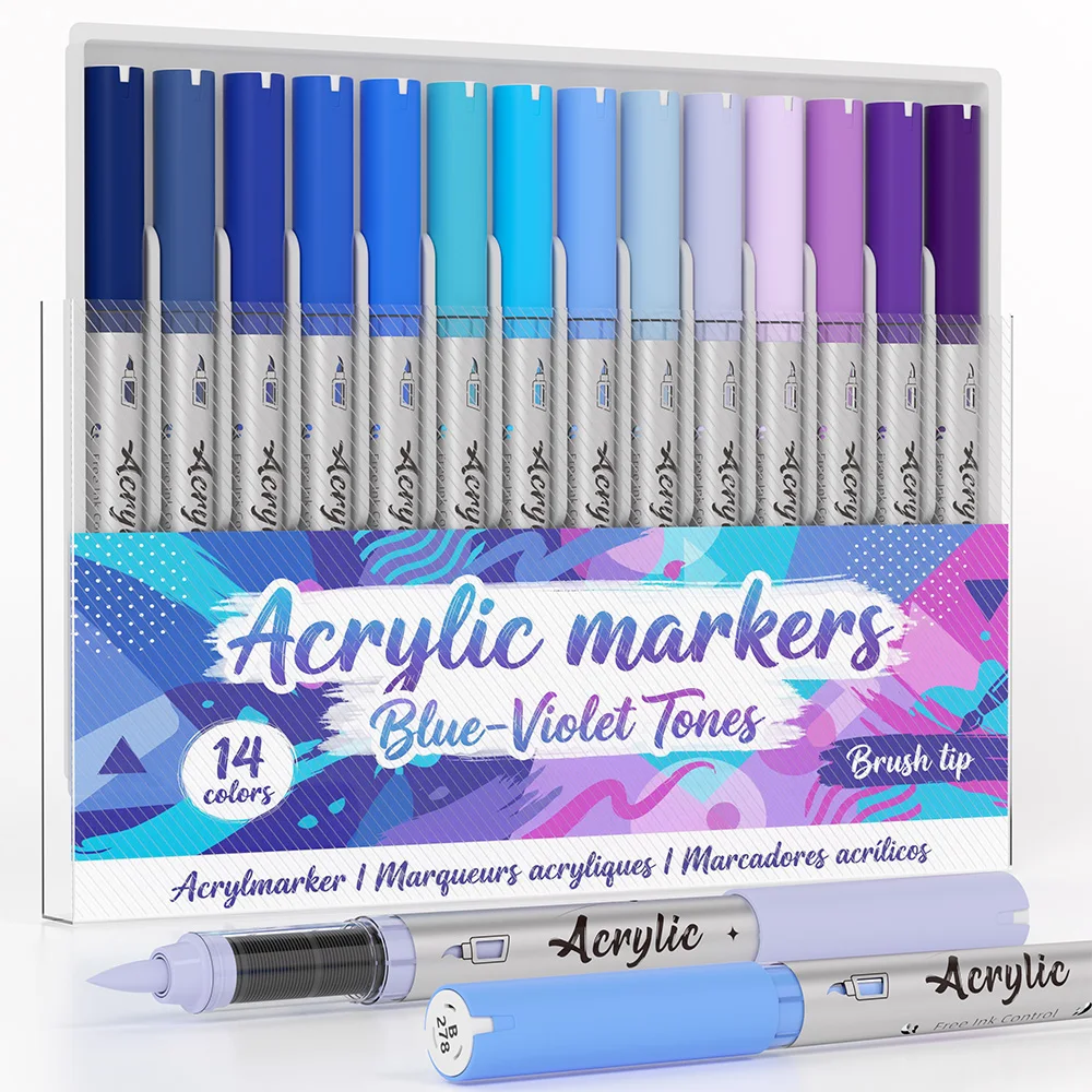 Automatische Tintenkontrolle Acrylfarben-Marker, 14 Farben Pinselspitzen-Acrylfarbenstifte-Set mit 5 Professionellen Farbserien