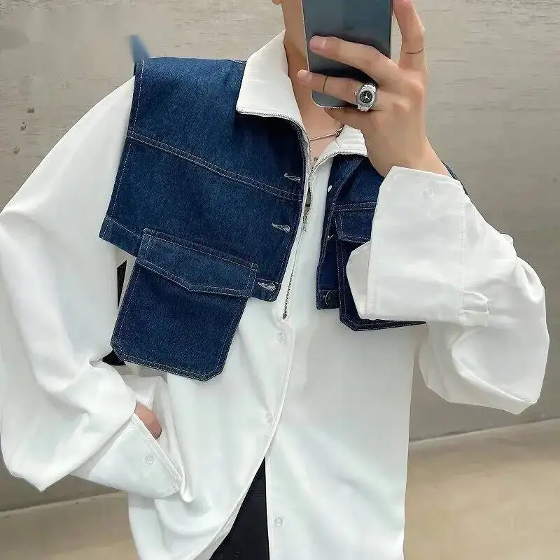 Niche Men's Denim Vest Casual Contrast Patch Pocket Sleeveless High End Vintage Streetwear Oversized Sleeveless Coat 9X6LAM