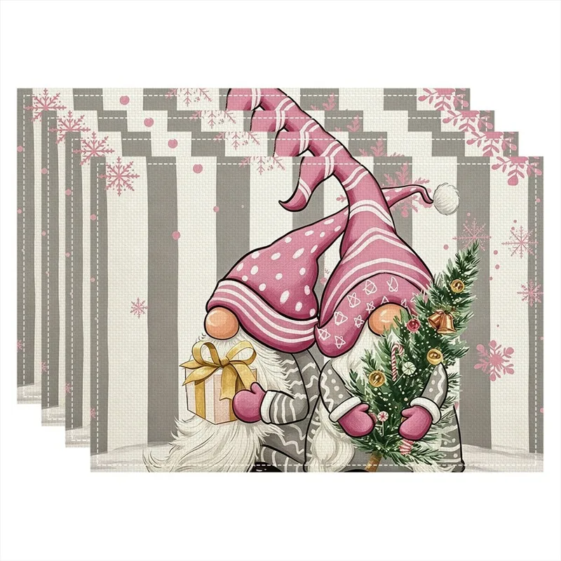 VIKAMA Linen Placemats Pink Christmas Gnomes Gray White, Stain Resistant Easy to Clean, Dining Table Holiday Decor