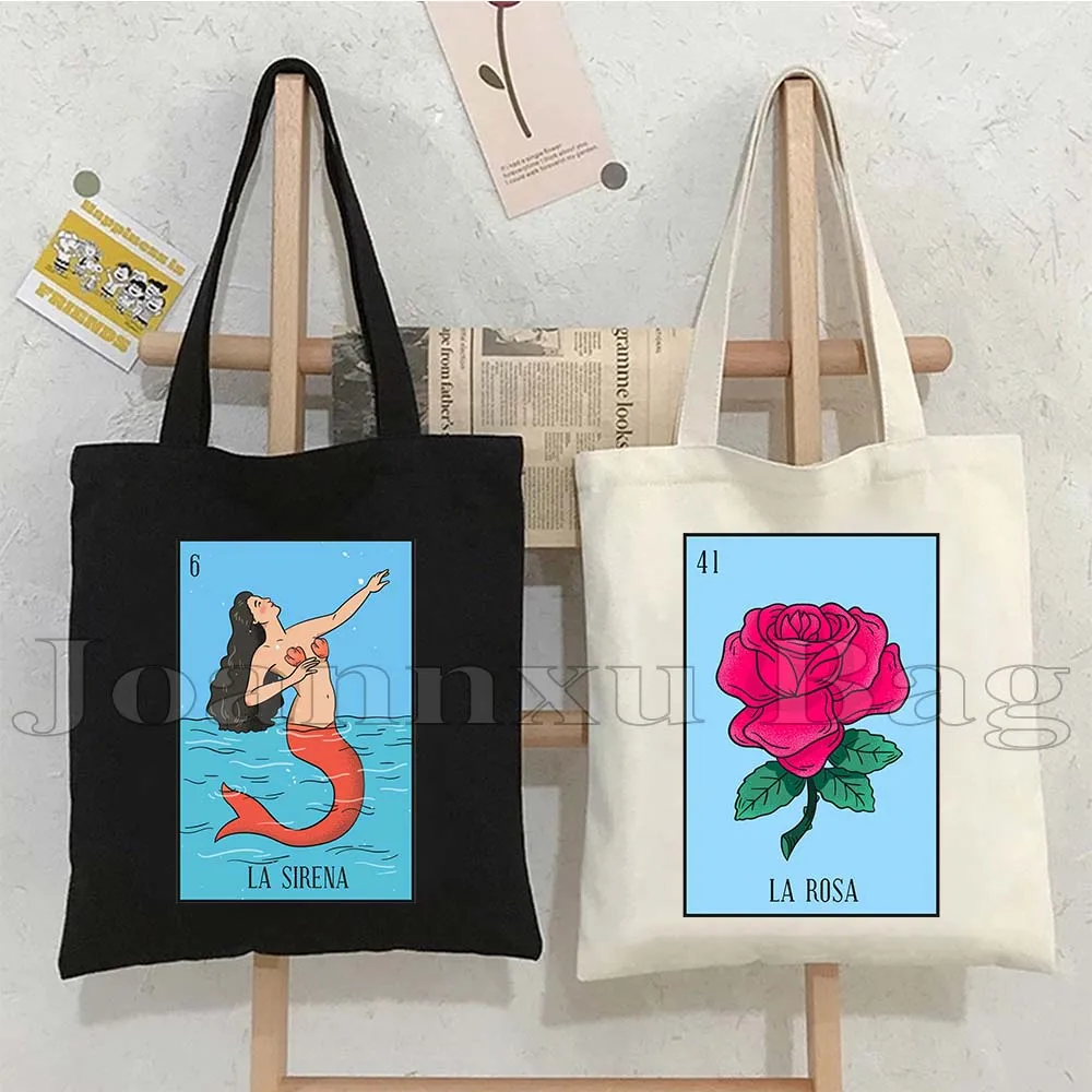 El Catrin Tarot Nopal ESTRELLA SIRENA Luna ROSA LA BANDERA Mexican Loteria Bingo Card Art Shopper Canvas Tote Bag Cotton Handbag