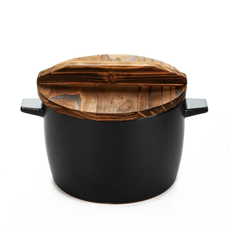 Japanese Style wooden lid ceramic household small casserole hotel restaurant small hot pot double ear instant noodle bowl