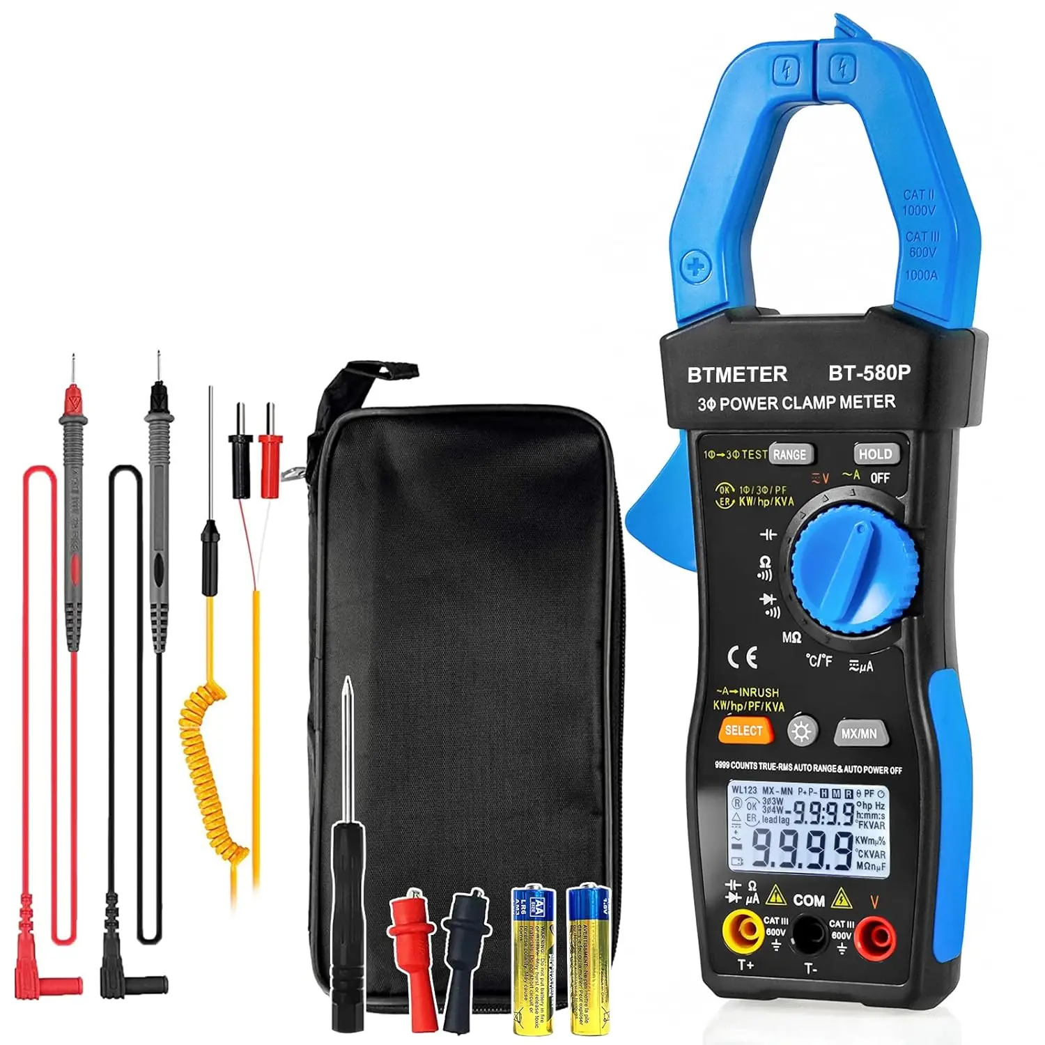 

3-Phase Clamp Meter, 9999 Count TRMS 600V 1000A Clamp Multimeter, AC/DC Current Voltage Temperature Capacitance Resistance