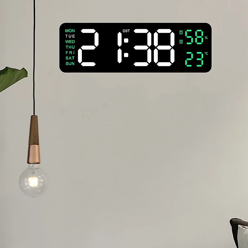 9-Zoll-große digitale Wanduhr, USB-betrieben, TEMP, Luftfeuchtigkeit, Woche, automatischer Dimmer, DST-Tischuhr, 12/24 Stunden, elektronischer LED-Wecker – Detail 9