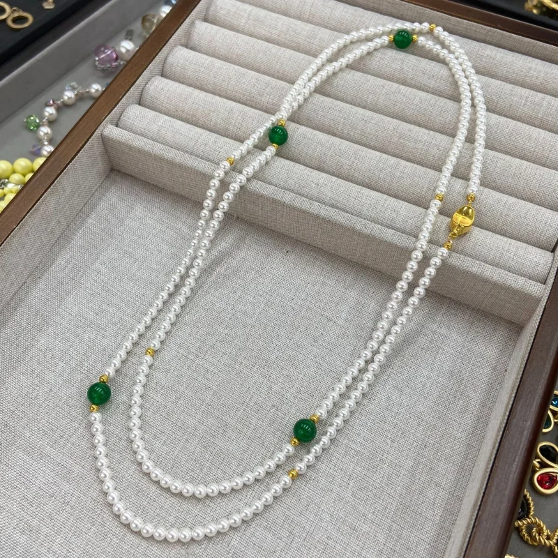 Double Layer Imitation Pearl Long Sweater Necklace Green Round Bead Gold Tone Women Daily Jewelry