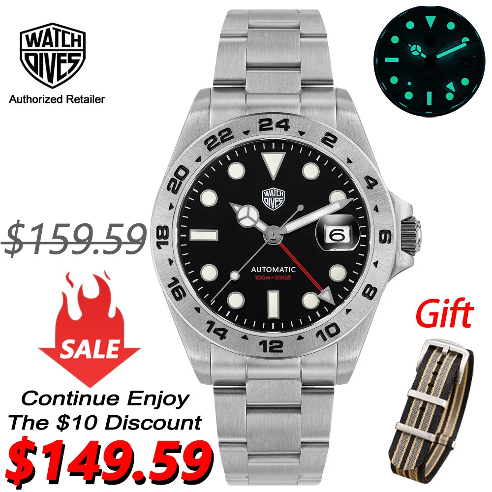 Watchdives WD16570 Mechanical Watch NH34 Movement GMT Watches Mens Sapphire Crystal 100m Waterproof Stainless Steel Wristwatch